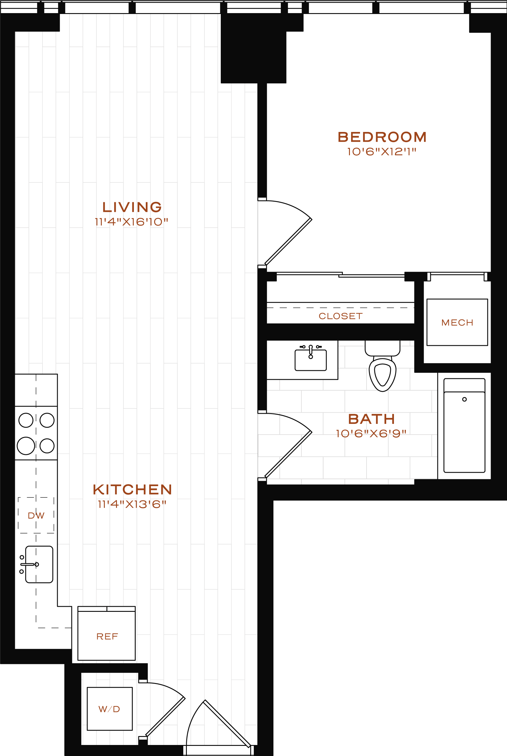 Rendering of the 1 Bed-1 Bath-LT-10 Floor Plan